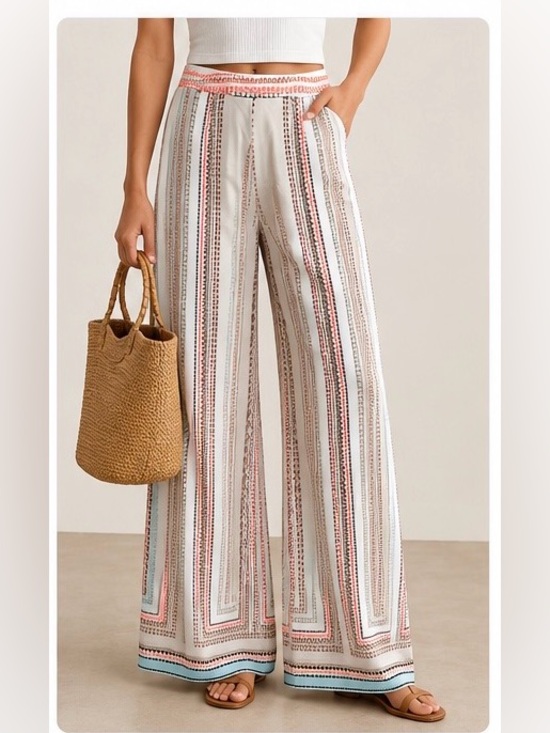 Bisou Bisou Pants - Bisou Bisou Geometric Print Wide Leg Pants White Coral Blue High Rise Size M